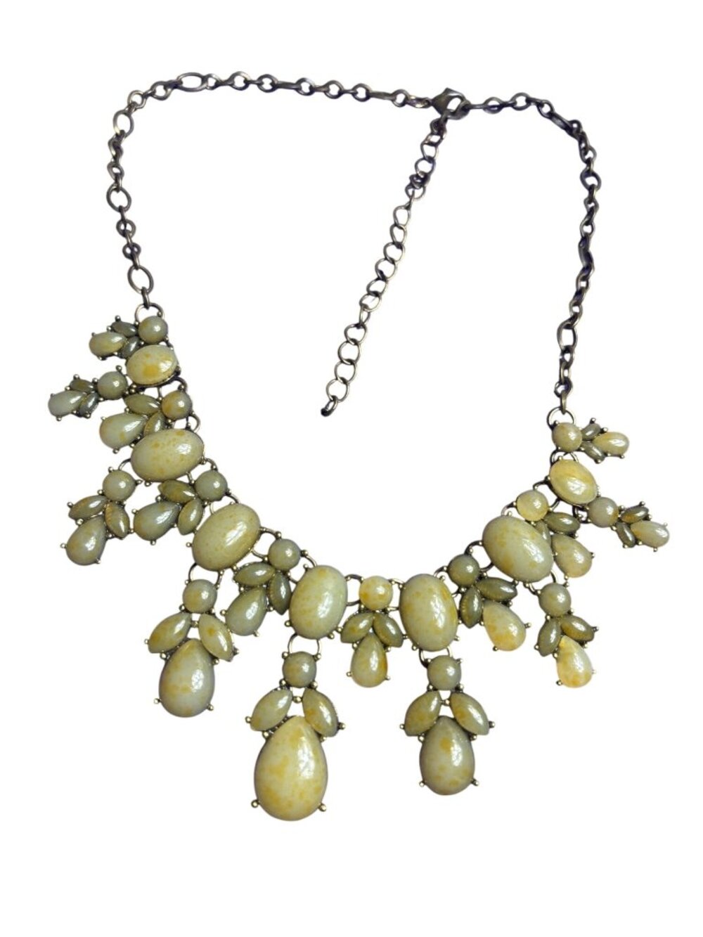 Pale Green Cabochons Bib Necklace Antiqued Goldtone Chain 15 - 19 inches Long